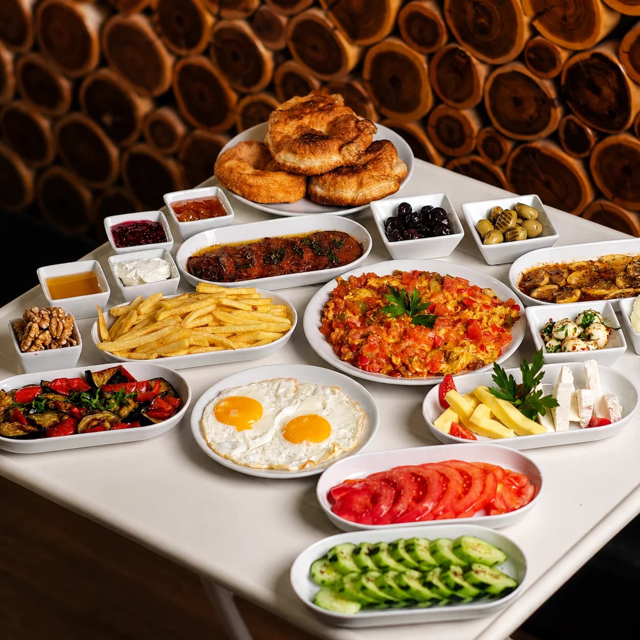 Pişi, yumurta, peynir, zeytin ve sebzelerle serpme kahvaltı sofrası